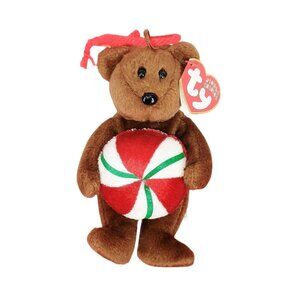 Ty Jingle Beanies Yummy Brown Bear Peppermint Candy Christmas Ornament Plush Tag